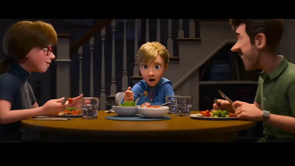 Riley with her mom and dad eating dinner from Inside Out 2