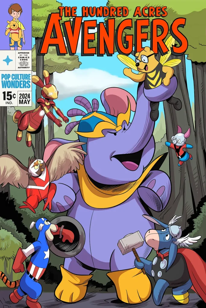 Pop Culture Wonders Disney Marvel mashup The Hundred Acres Avengers. Mashup combines Winnie the Pooh and The Avengers.