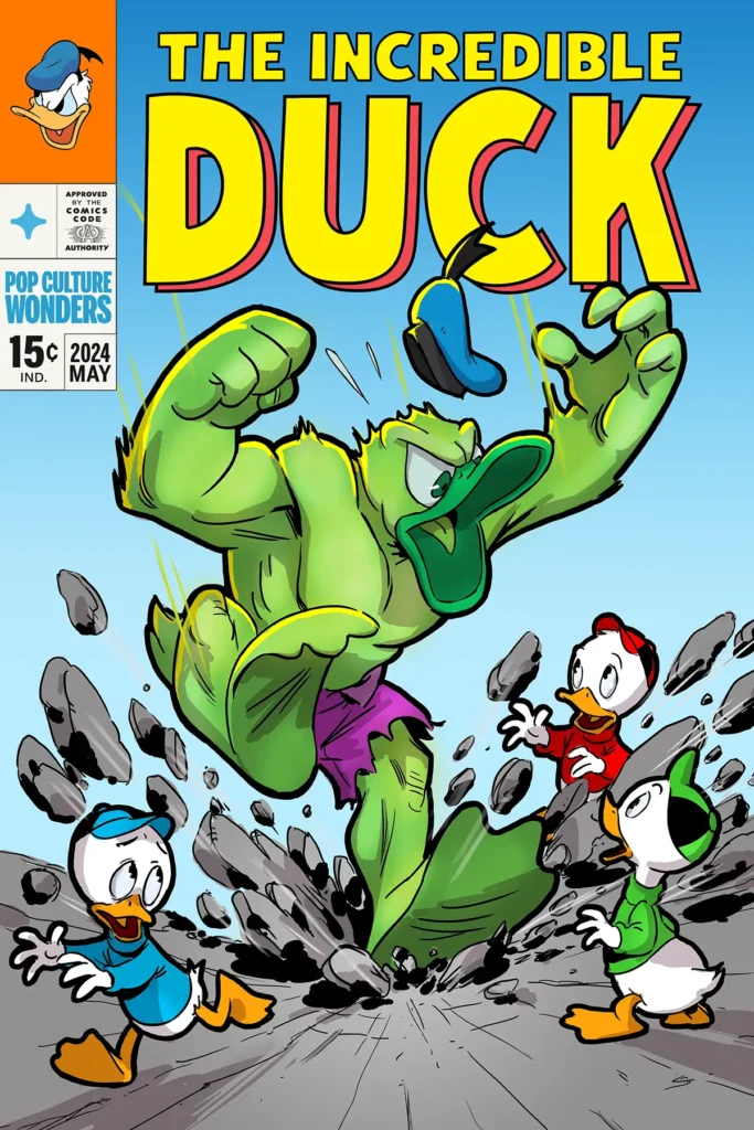 Pop Culture Wonders Disney Marvel mashup The Incredible Duck. Mashup combines The Incredible Hulk and Donald Duck.