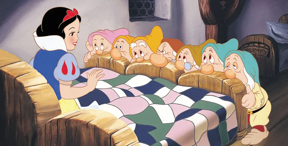 Snow White sees the seven dwarfs for the first time