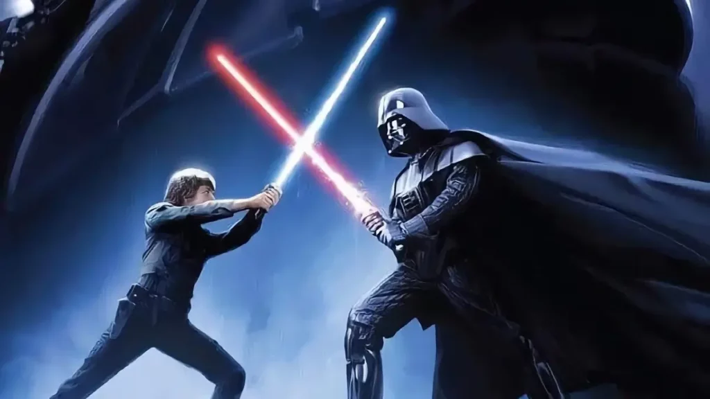 Luke and Darth Vader lightsaber duel.
