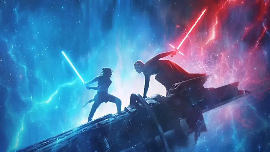 Kylo Ren and Rey battling with lightsabers.