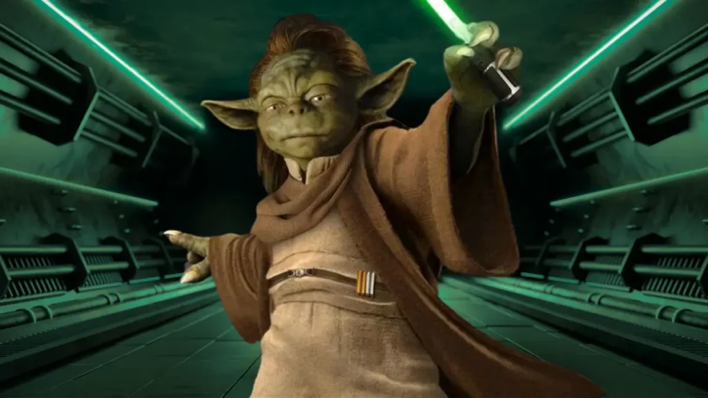 Yaddle from Star Wars holding green lightsaber